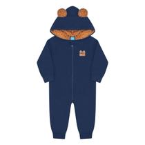 Macacão Bebe Menino Zíper Soft Térmico Ursinho Capuz Inverno