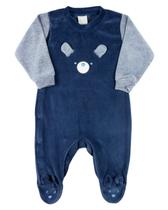 Macacao Bebe Plush Menino Bordado Ursinho Orelhas Soltas - Azul Jeans