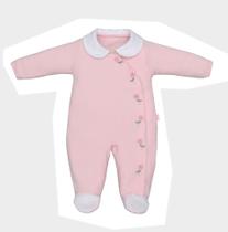 Macacão Bebê Rosa Florzinhas Malha Lanza e Gola Branca Upi Uli Macacão Bebê Rosa Florzinhas Malha Lanza e Gola Branca Upi Uli