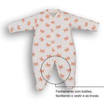 Macacão Bebê Suedine Branco Estampado Raposinha Upi Uli Macacão Bebê Suedine Branco Estampado Raposinha Upi Uli