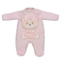 Macacão Bebê Suedine e Tricô Rosa Ursinha de Vestido Bordada Upi Uli