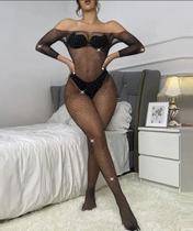 Macacão Body Feminino em Trama Arrastão de Alta Elasticidade Premium Macacão Body Feminino em Trama Arrastão de Alta Elasticidade Premium