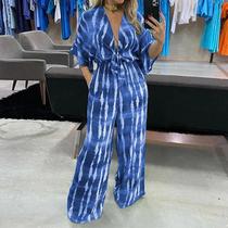 Macacão Casual Feminino Mangas Dolman Decote Em V Renda Cintura Larga Calças Macacão Alta Streetwear