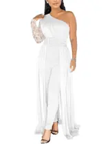 Macacão chicyes Sexy Lace para mulheres de um ombro branco