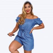 Macacão Ciganinha com Detalhe de Amarração na Cintura no Visco Jeans, tecido Eko Sustentável