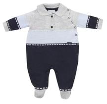 Macacão cinza/preto tricot com jacquard pesponto, tamanho P