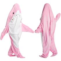 Macacão com capuz Shark Blanket para crianças adultas, cobertor aconchegante de flanela, macacão de tubarão de desenhos animados com animais de estimação (rosa, grande)