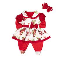 Macacão com Vestido e Faixa de Cabelo Charmosinha Floral Vermelha 03 Peças Macacão com Vestido e Faixa de Cabelo Charmosinha Floral Vermelha 03 Peças
