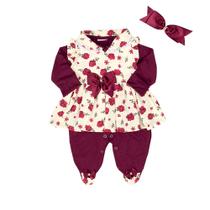 Macacão com Vestido e Faixa de Cabelo Floral Marsala 03 Peças