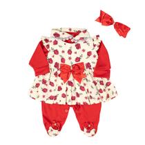 Macacão com Vestido e Faixa de Cabelo Floral Vermelho 03 Peças Macacão com Vestido e Faixa de Cabelo Floral Vermelho 03 Peças