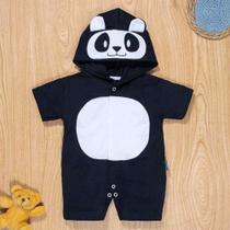 Macacão curto de bebê capuz bichinhos panda preto