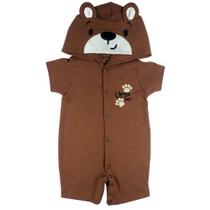 Macacão curto fantasia bebê marrom bordado urso com botões e capuz
