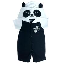 Macacão curto fantasia bebê preto e branco bordado panda com botões e capuz