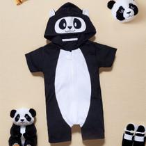 Macacão Curto Fantasia Panda Infantil Com Bordado No Capuz
