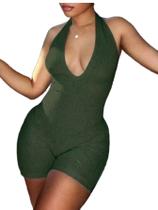 Macacão curto feminino WDIRARA com decote V profundo e sem mangas, verde, tamanho L Macacão curto feminino WDIRARA com decote V profundo e sem mangas, verde, tamanho L