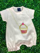 Macacão Curto Infantil Fem Bordado CupCake Rosa Macacão Curto Infantil Fem Bordado CupCake Rosa