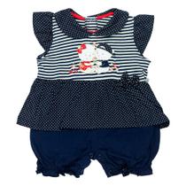 Macacão curto marinho para bebê bordado e poá