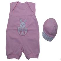 Macacão Curto para Bebê Filhote Coelhinha Rosa 02 peças