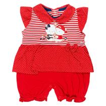 Macacão curto vermelho para bebê bordado e poá