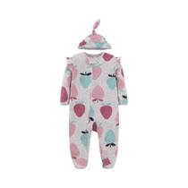 Macacão De Algodão Cinza Para Bebê Com Mangas Borboleta E Estampa De Morango, Macacão Com Zíper E