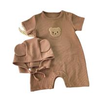 Macacão De Algodão De Verão Com Chapéu E Orelhas Para Bebês Meninas E Meninos, Manga Curta, Patch De