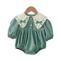 Macacão De Algodão Para Bebê Menina Recém-Nascida Com Renda, Laço E Bordado Floral, Macacão De