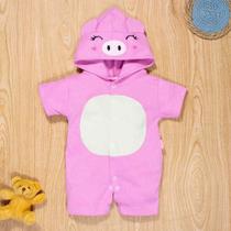 Macacão De Bebê Curto Capuz Bichinho Bordado Porquinha Rosa Macacão De Bebê Curto Capuz Bichinho Bordado Porquinha Rosa