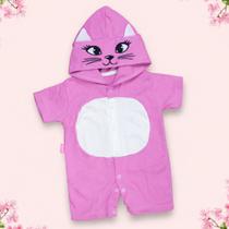 Macacão De Bebê Curto Capuz Bichinhos Bordado Gatinha Pink Macacão De Bebê Curto Capuz Bichinhos Bordado Gatinha Pink