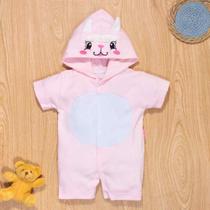 Macacão de Bebê Curto Capuz Bordado Ovelha Rosa Claro