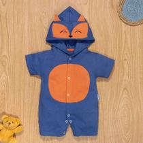 Macacão de Bebê Curto Com Capuz Bichinho Bordado Raposa Azul