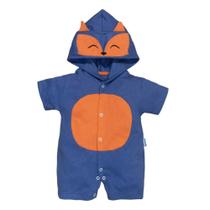 Macacão de Bebê Curto Com Capuz Bichinho Bordado Raposa Azul Macacão de Bebê Curto Com Capuz Bichinho Bordado Raposa Azul