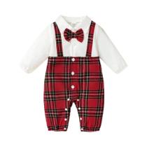 Macacão De Bebê Masculino Xadrez Vermelho Estilo Cavalheiro Moda Outono Com Gravata Borboleta