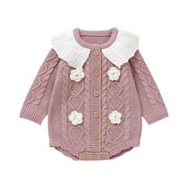 Macacão De Bebê Rosa De Manga Comprida Com Estampa Floral Para Meninas, Macacão De Tricô De Inverno