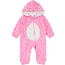 Macacão de Bebê Térmico com Proteção UV50+ Coelho Gatinho Rosa Poá com Capuz e Zíper Inverno Brandili Menina