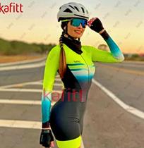 Macacão de Ciclismo Feminino Proteção UV50+ e antibacteriana para uso em qualquer época do ano.