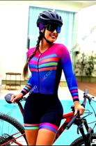 Macacão de Ciclismo Feminino Proteção UV50+ e antibacteriana para uso em qualquer época do ano.