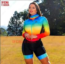 Macacão de Ciclismo Feminino Proteção UV50+ e antibacteriana para uso em qualquer época do ano.