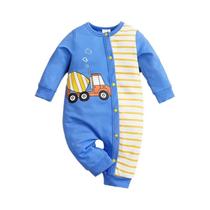 Macacão De Manga Comprida Com Estampa De Listras Azuis Para Bebês Recém-nascidos De 0 a 12 Meses,