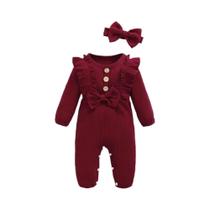 Macacão De Manga Longa Com Renda Para Bebê Menina Recém-Nascida Com Faixa De Cabelo, Roupa De Outono