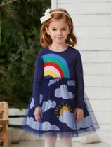 Macacão De Manga Longa Para Meninas Com Estampa De Nuvens Arco-Íris, Vestido Casual De Algodão Puro