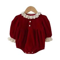 Macacão De Natal Vermelho Com Mangas Longas E Gola De Renda Para Bebê Menina 0-24M, Macacão Infantil