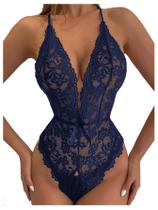Macacão de pelúcia de lingerie SOLY HUX, renda floral, azul escuro, XL