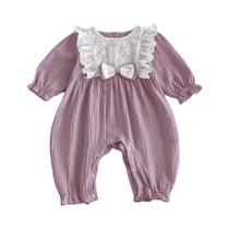 Macacão De Renda Com Laço De Manga Longa Para Menina Bebê Moda Primavera Outono Acessório De Cabelo Macacão De Renda Com Laço De Manga Longa Para Menina Bebê Moda Primavera Outono Acessório De Cabelo