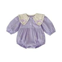 Macacão De Renda Para Meninas Com Laço E Gola Em Folha De Lótus, Roupa De Bebê Para Primavera E