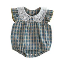 Macacão De Verão Para Bebês Meninas Em Xadrez Azul Com Mangas Curtas E Renda 0-24 Meses