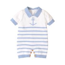 Macacão De Verão Para Bebês Meninos E Meninas Em Algodão Com Mangas Curtas E Listras Horizontais