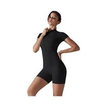 Macacão De Yoga Feminino De Verão Com Manga Curta E Zíper, Shorts Justos Para Fitness E Dança