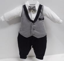 Macacão Denim Luxo Bebê Menino Colete Gravata Lessa B8940 Macacão Denim Luxo Bebê Menino Colete Gravata Lessa B8940