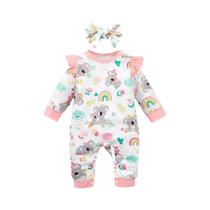 Macacão e Bandana para Bebê Recém-nascida - 2 Peças com Mangas Longas Macacão e Bandana para Bebê Recém-nascida - 2 Peças com Mangas Longas