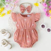 Macacão Estampado de Flores para Bebês - Verão - Com Faixa de Cabeça